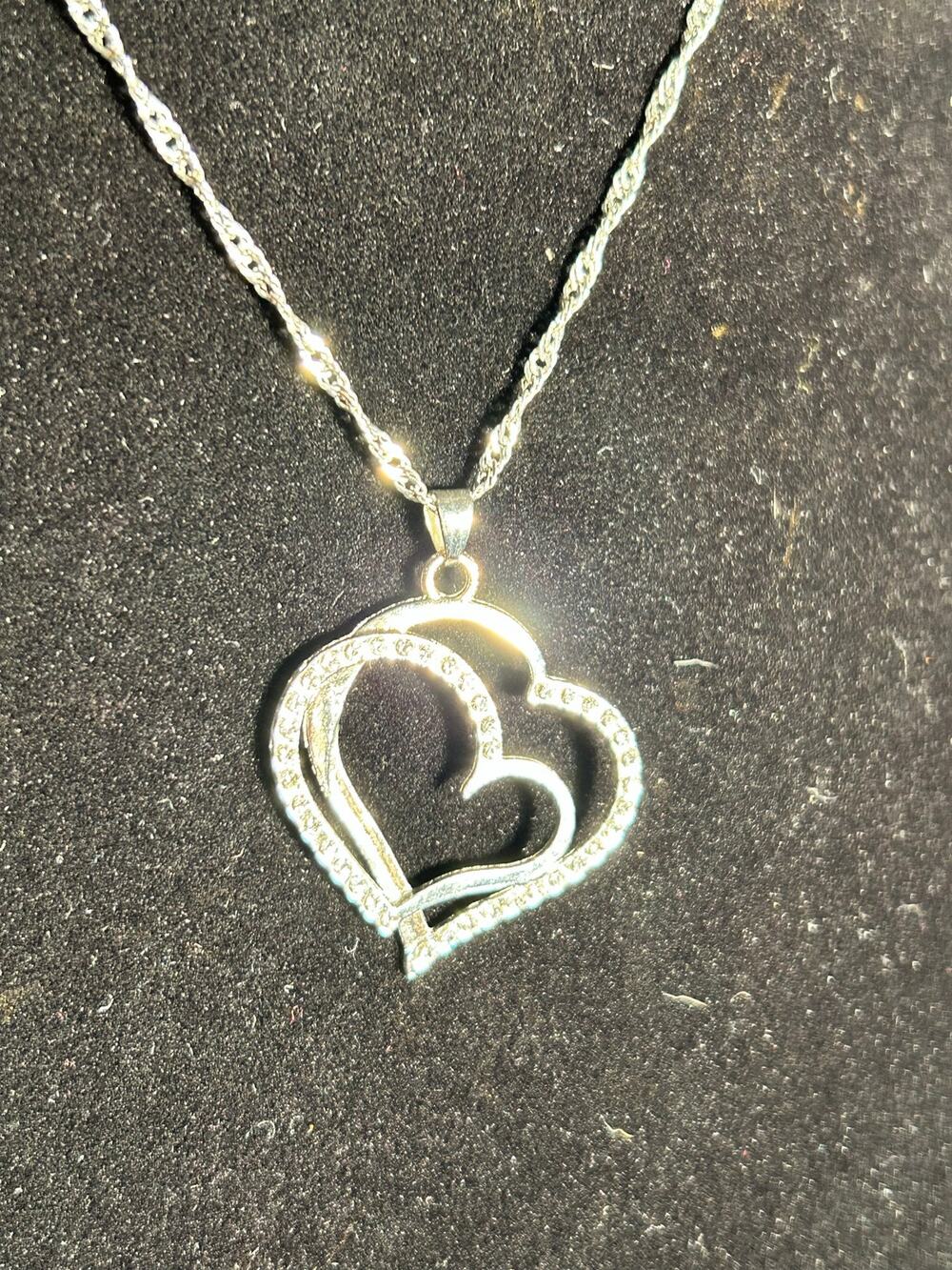 Silver Tone Double Hearts Pendant Necklace 16" Plus Extender Twisted Rope Chain